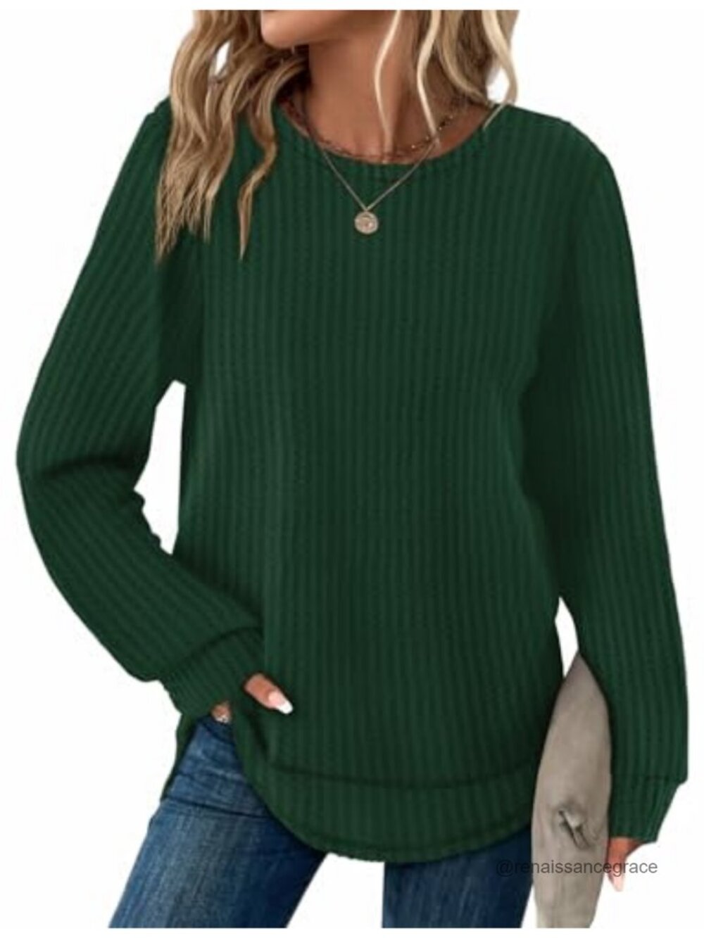 Waffle Knit Tunic Top Long Sleeve Curved Hem Loose Fit Women's Shirt